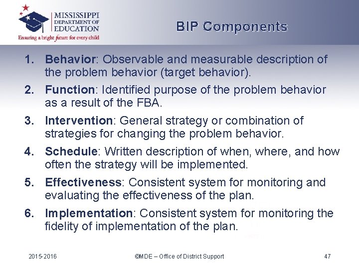 BIP Components 1. Behavior: Observable and measurable description of the problem behavior (target behavior).
