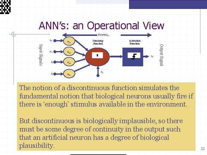  ANN’s: an Operational View Neuron xk x 1 wk 2 x 3 wk