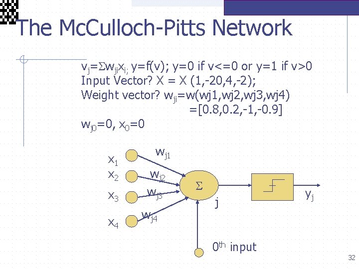  The Mc. Culloch-Pitts Network vj= wjixi; y=f(v); y=0 if v<=0 or y=1 if