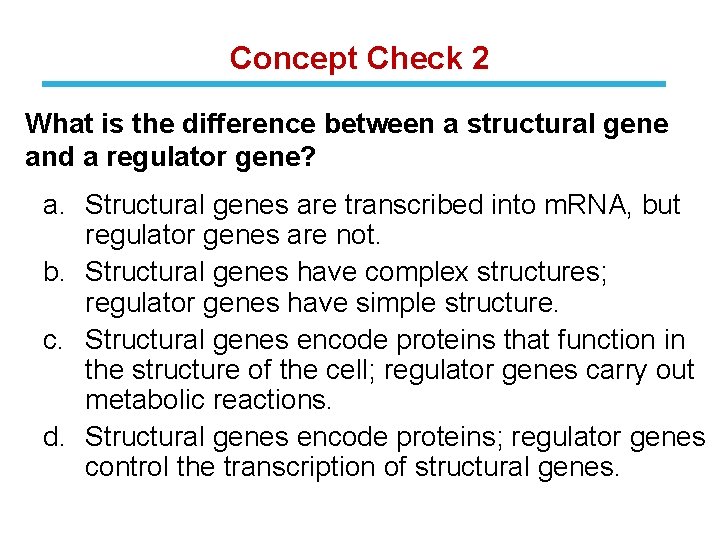 Concept Check 2 What is the difference between a structural gene and a regulator