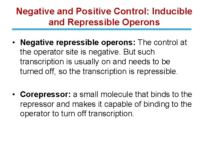 Negative and Positive Control: Inducible and Repressible Operons • Negative repressible operons: The control