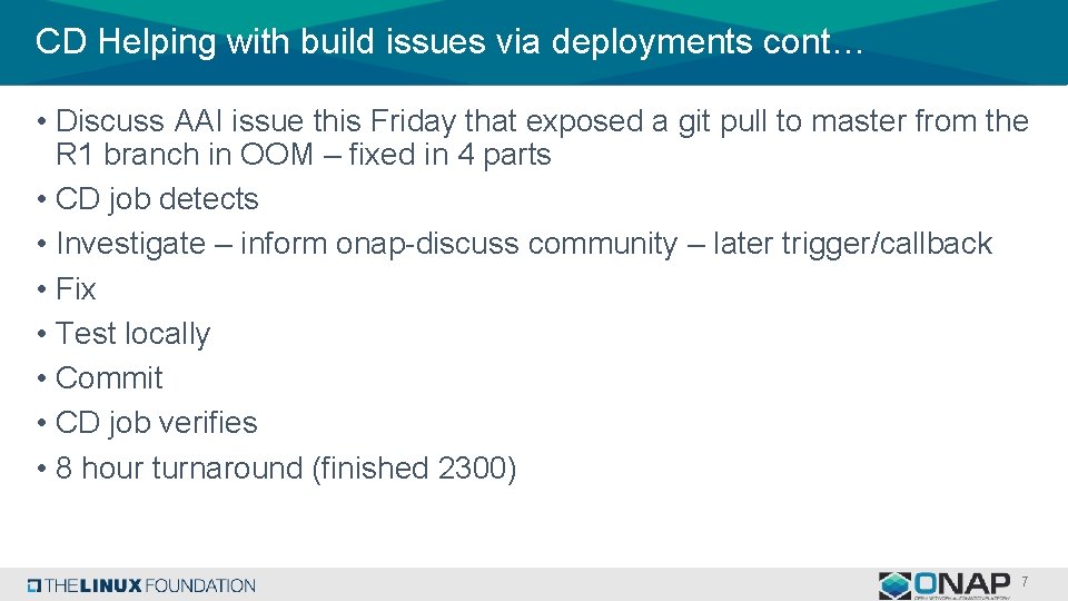 CD Helping with build issues via deployments cont… • Discuss AAI issue this Friday