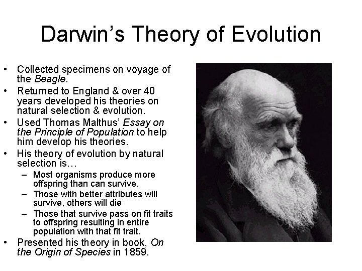 Darwin’s Theory of Evolution • Collected specimens on voyage of the Beagle. • Returned
