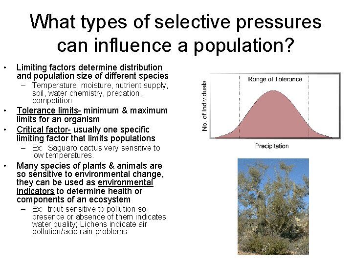What types of selective pressures can influence a population? • Limiting factors determine distribution