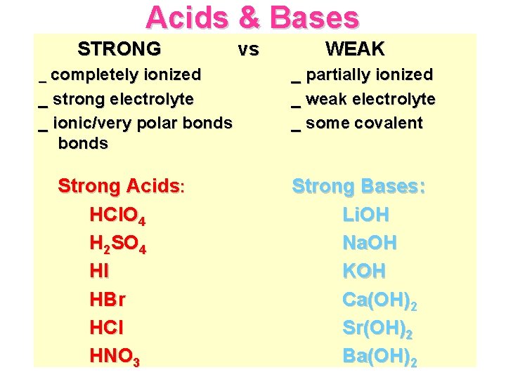 Acids & Bases STRONG _ completely ionized _ strong electrolyte _ ionic/very polar bonds