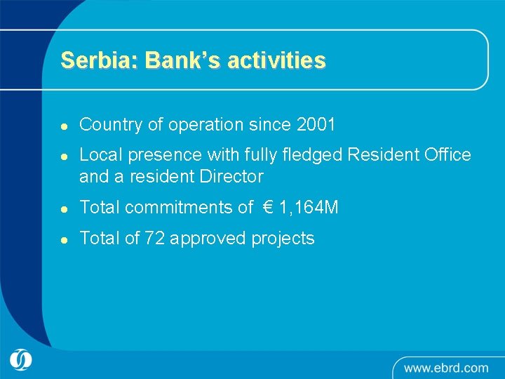 Serbia: Bank’s activities l l Country of operation since 2001 Local presence with fully