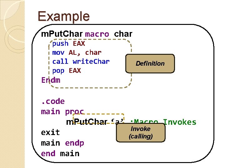 Example m. Put. Char macro char push EAX mov AL, char call write. Char Example m. Put. Char macro char push EAX mov AL, char call write. Char