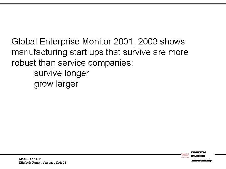 Global Enterprise Monitor 2001, 2003 shows manufacturing start ups that survive are more robust