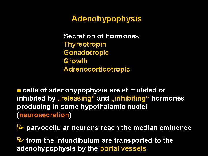 Adenohypophysis Secretion of hormones: Thyreotropin Gonadotropic Growth Adrenocorticotropic ■ cells of adenohypophysis are stimulated