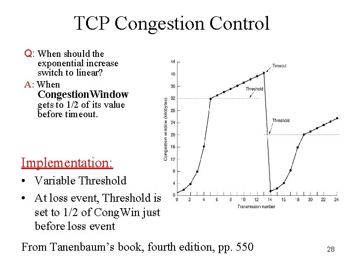 TCP Congestion Control Q: When should the exponential increase switch to linear? A: When