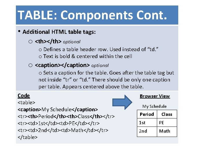 TABLE: Components Cont. • Additional HTML table tags: o <th></th> optional o Defines a