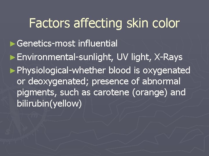 Factors affecting skin color ► Genetics-most influential ► Environmental-sunlight, UV light, X-Rays ► Physiological-whether