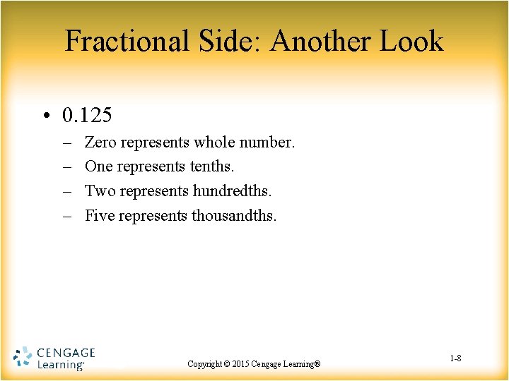 Fractional Side: Another Look • 0. 125 – – Zero represents whole number. One