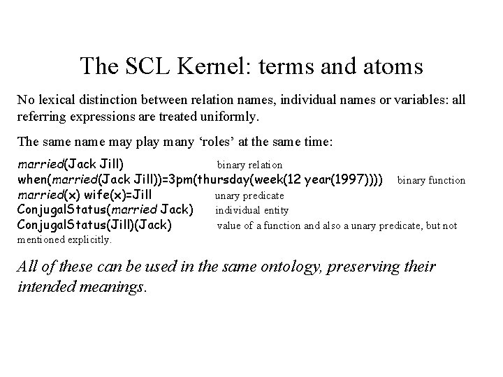The SCL Kernel: terms and atoms No lexical distinction between relation names, individual names