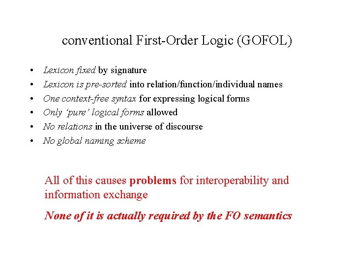 conventional First-Order Logic (GOFOL) • • • Lexicon fixed by signature Lexicon is pre-sorted