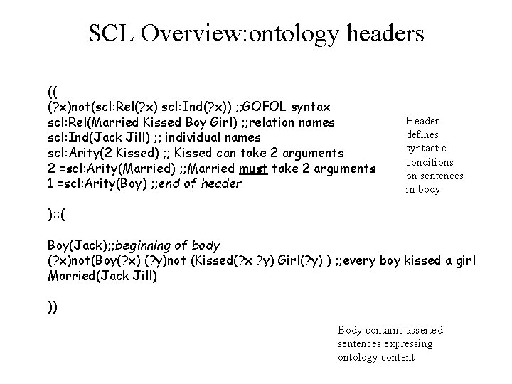 SCL Overview: ontology headers (( (? x)not(scl: Rel(? x) scl: Ind(? x)) ; ;