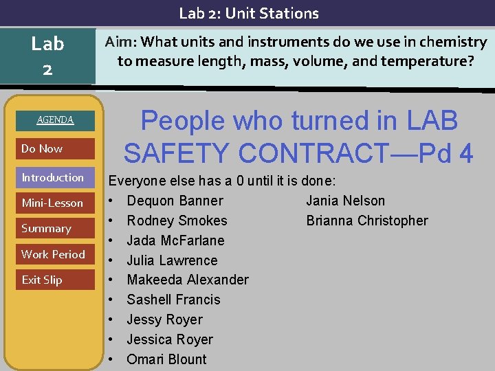 Lab 2: Unit Stations Lab 2 AGENDA Do Now Introduction Mini-Lesson Summary Work Period