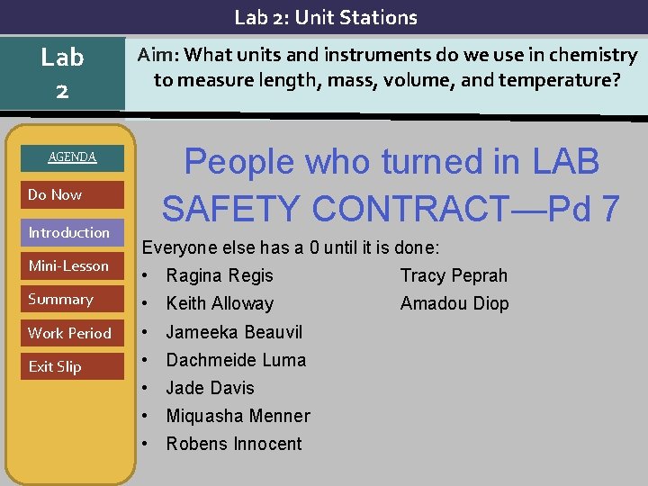 Lab 2: Unit Stations Lab 2 AGENDA Do Now Introduction Mini-Lesson Aim: What units