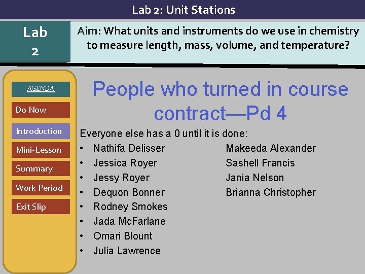 Lab 2: Unit Stations Lab 2 AGENDA Do Now Introduction Mini-Lesson Summary Work Period