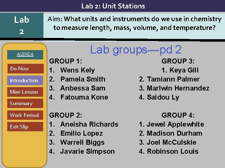Lab 2: Unit Stations Lab 2 AGENDA Do Now Introduction Mini-Lesson Summary Work Period
