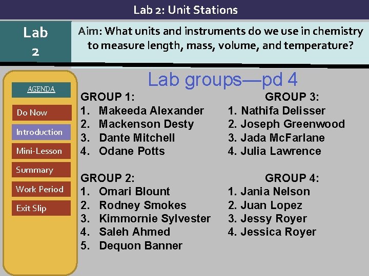 Lab 2: Unit Stations Lab 2 AGENDA Do Now Introduction Mini-Lesson Summary Work Period