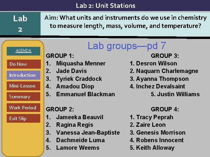 Lab 2: Unit Stations Lab 2 AGENDA Do Now Introduction Mini-Lesson Summary Work Period