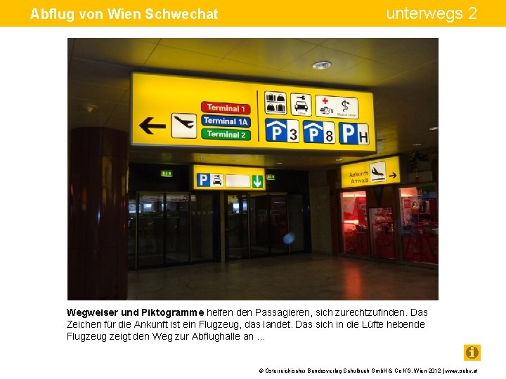Abflug von Wien Schwechat unterwegs 2 Wegweiser und Piktogramme helfen den Passagieren, sich zurechtzufinden.
