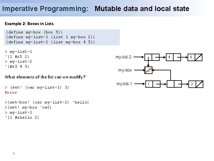 Imperative Programming: Mutable data and local state Example 2: Boxes in Lists (define my-box Imperative Programming: Mutable data and local state Example 2: Boxes in Lists (define my-box