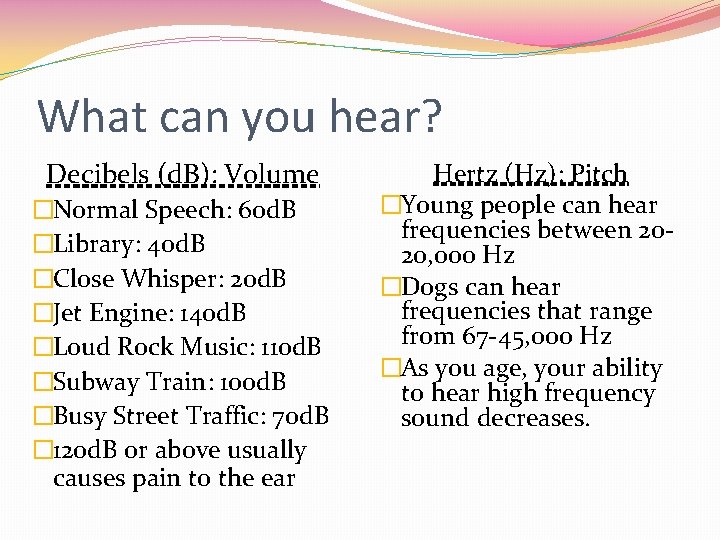 What can you hear? Decibels (d. B): Volume �Normal Speech: 60 d. B �Library: