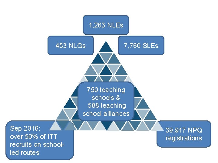1, 263 NLEs 453 NLGs 7, 760 SLEs 750 teaching schools & 588 teaching