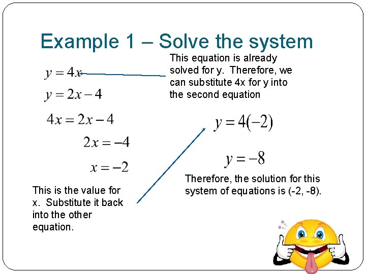 Example 1 – Solve the system This equation is already solved for y. Therefore,