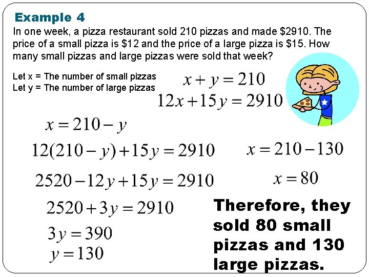 Example 4 In one week, a pizza restaurant sold 210 pizzas and made $2910.