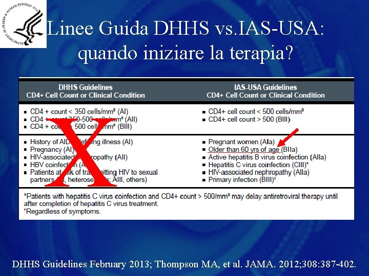 Linee Guida DHHS vs. IAS-USA: quando iniziare la terapia? X DHHS Guidelines February 2013;