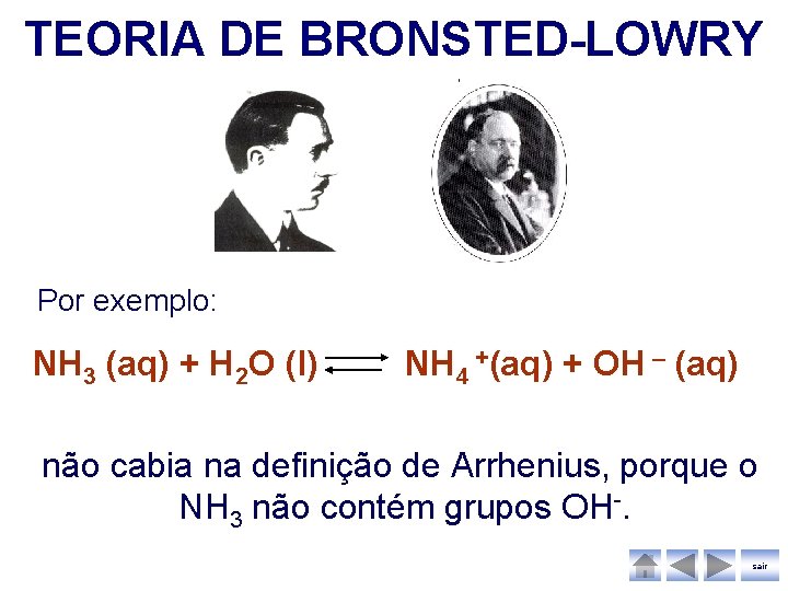 TEORIA DE BRONSTED-LOWRY Por exemplo: NH 3 (aq) + H 2 O (l) NH