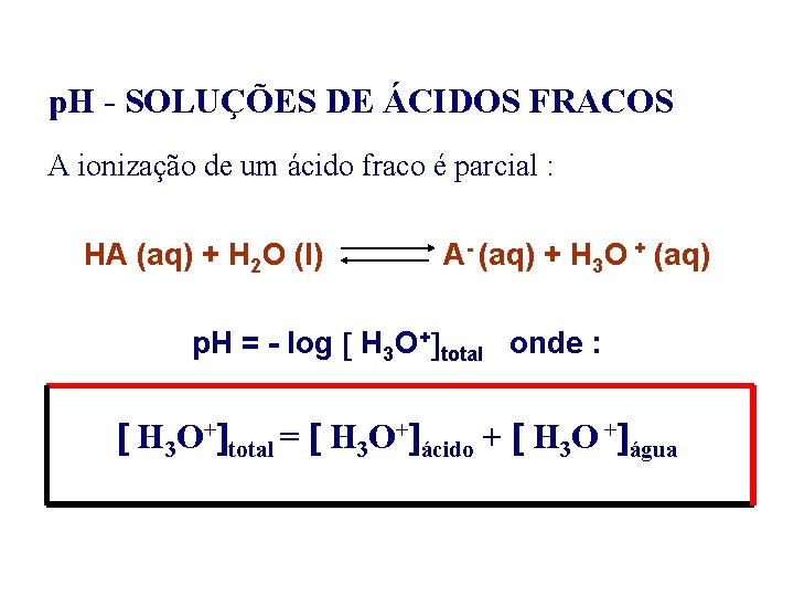 p. H - SOLUÇÕES DE ÁCIDOS FRACOS A ionização de um ácido fraco é