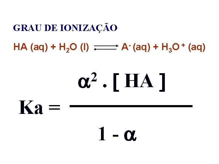 GRAU DE IONIZAÇÃO HA (aq) + H 2 O (l) A- (aq) + H GRAU DE IONIZAÇÃO HA (aq) + H 2 O (l) A- (aq) + H