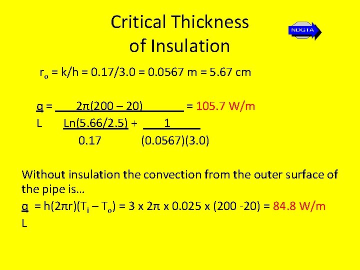 Critical Thickness of Insulation ro = k/h = 0. 17/3. 0 = 0. 0567