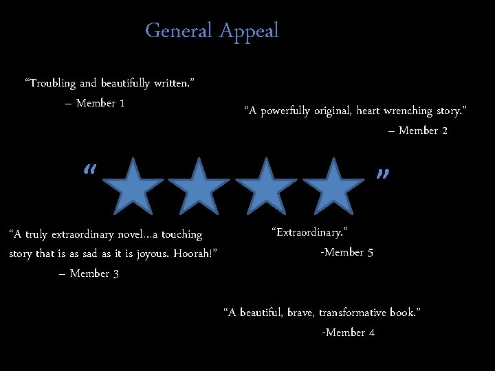 General Appeal “Troubling and beautifully written. ” – Member 1 “A powerfully original, heart