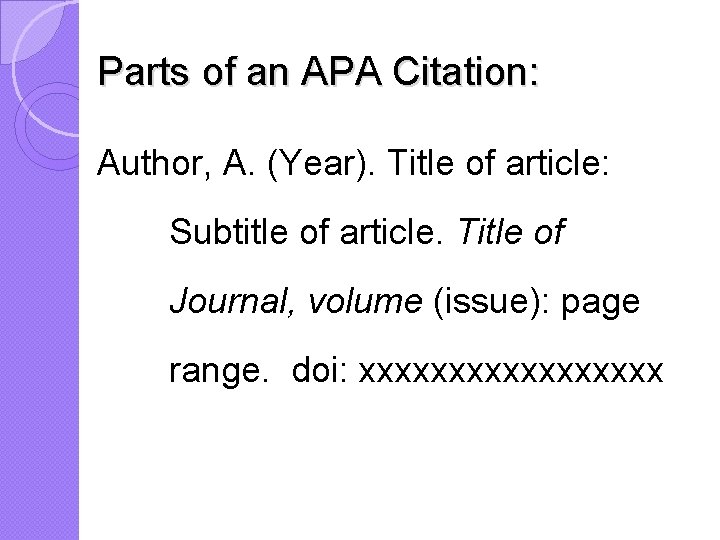 Parts of an APA Citation: Author, A. (Year). Title of article: Subtitle of article.