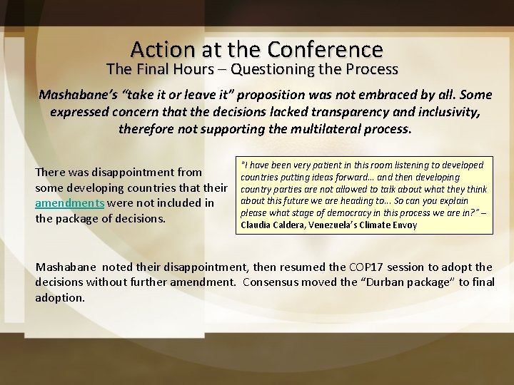 Action at the Conference The Final Hours – Questioning the Process Mashabane’s “take it