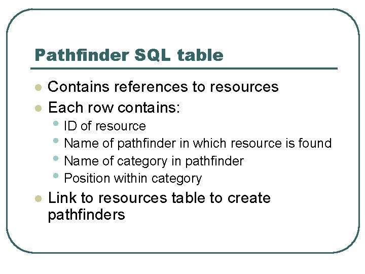 Pathfinder SQL table l l l Contains references to resources Each row contains: •