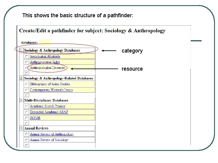 This shows the basic structure of a pathfinder: category resource 