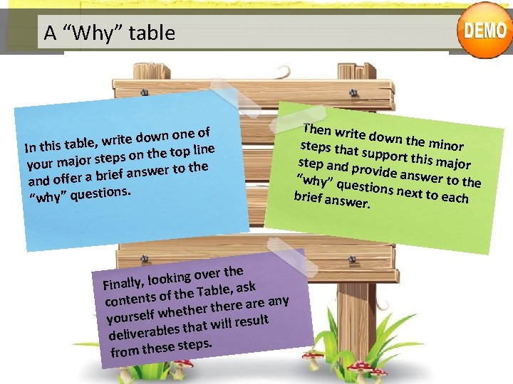 A “Why” table ne of o n w o d e it r In