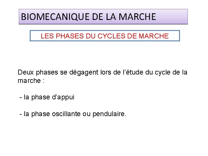 BIOMECANIQUE DE LA MARCHE LES PHASES DU CYCLES DE MARCHE Deux phases se dégagent