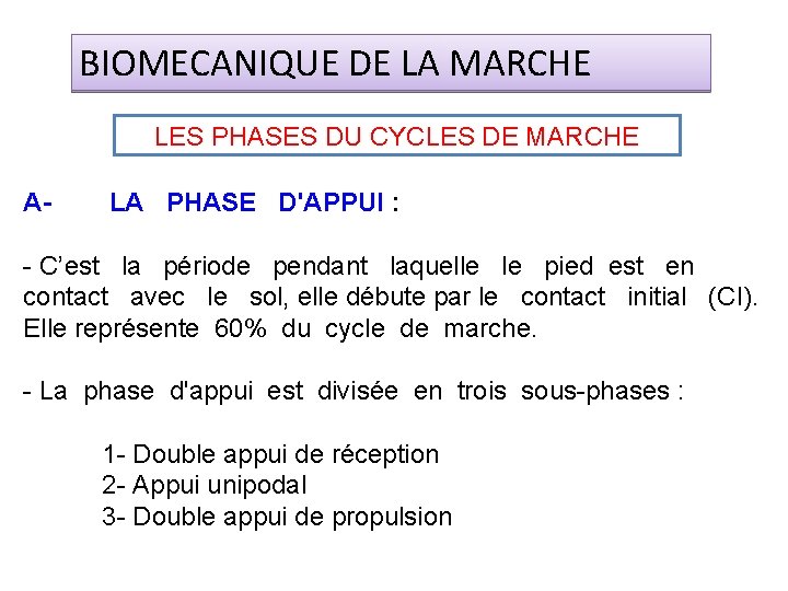 BIOMECANIQUE DE LA MARCHE LES PHASES DU CYCLES DE MARCHE A- LA PHASE D'APPUI