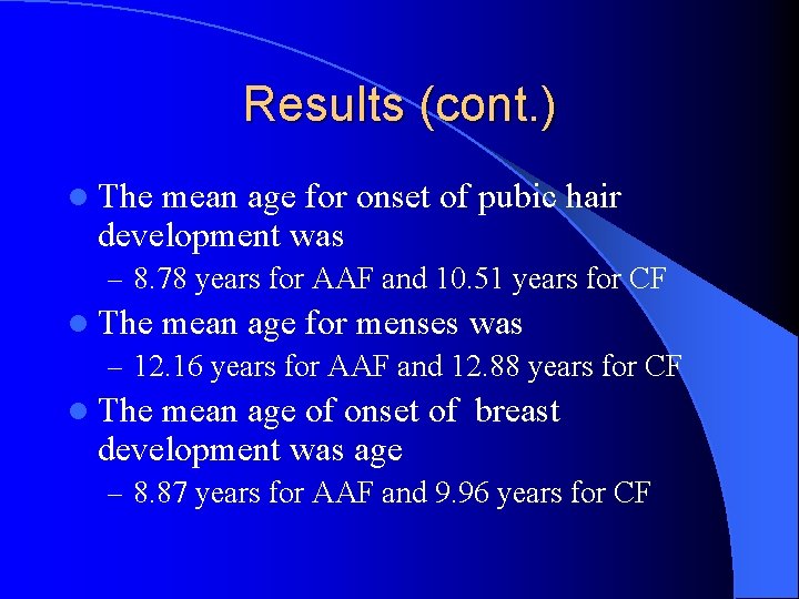 Results (cont. ) l The mean age for onset of pubic hair development was