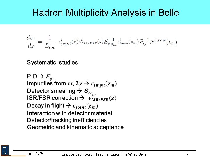 Hadron Multiplicity Analysis in Belle June 12 th Unpolarized Hadron Fragmentation in e+e- at