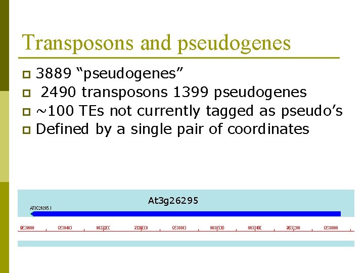 Transposons and pseudogenes 3889 “pseudogenes” p 2490 transposons 1399 pseudogenes p ~100 TEs not