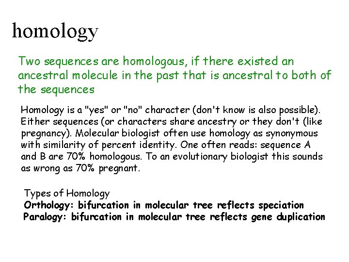 homology Two sequences are homologous, if there existed an ancestral molecule in the past