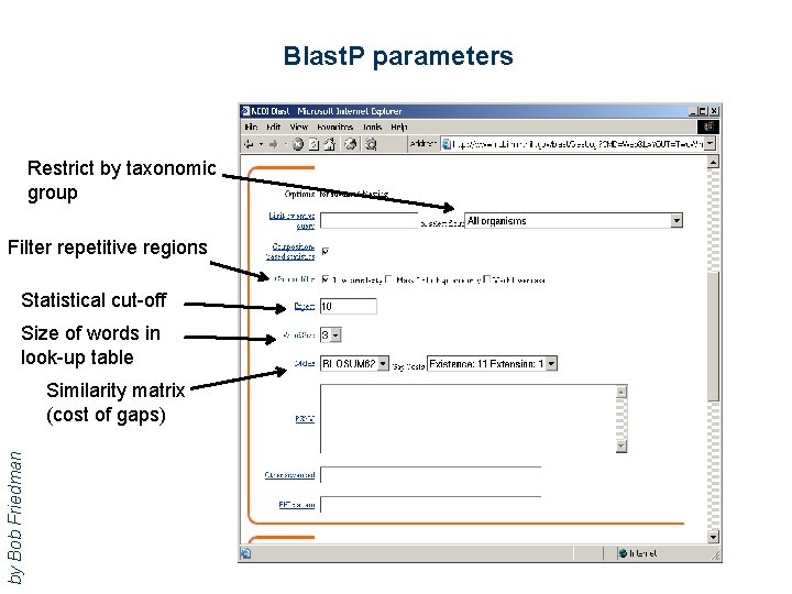 Blast. P parameters Restrict by taxonomic group Filter repetitive regions Statistical cut-off Size of
